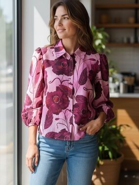 Rachel Roy Floral Blouse Medium Pink Burgundy Sheer Button Front Puff Sleeve Top